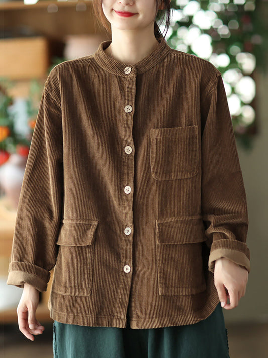 Plus Size Women Solid Vintage Cotton Corduroy Coat