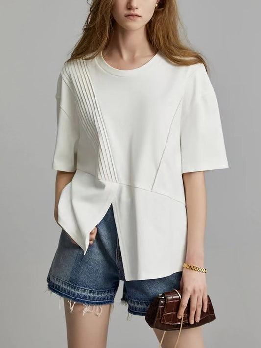 Plus Size Women Summer Casual Split Hem Pleat Spliced Solid T-Shirt