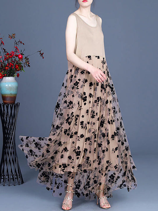 Plus Size - Women Floral Tulle Retro Stitching Maxi Pinafore Dress