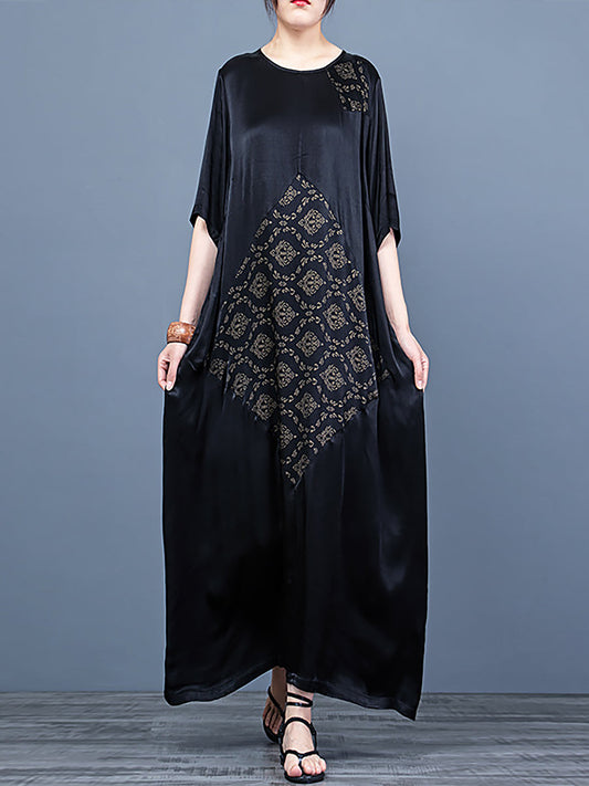 O Neck Print Half Sleeve Vintage Maxi Dress