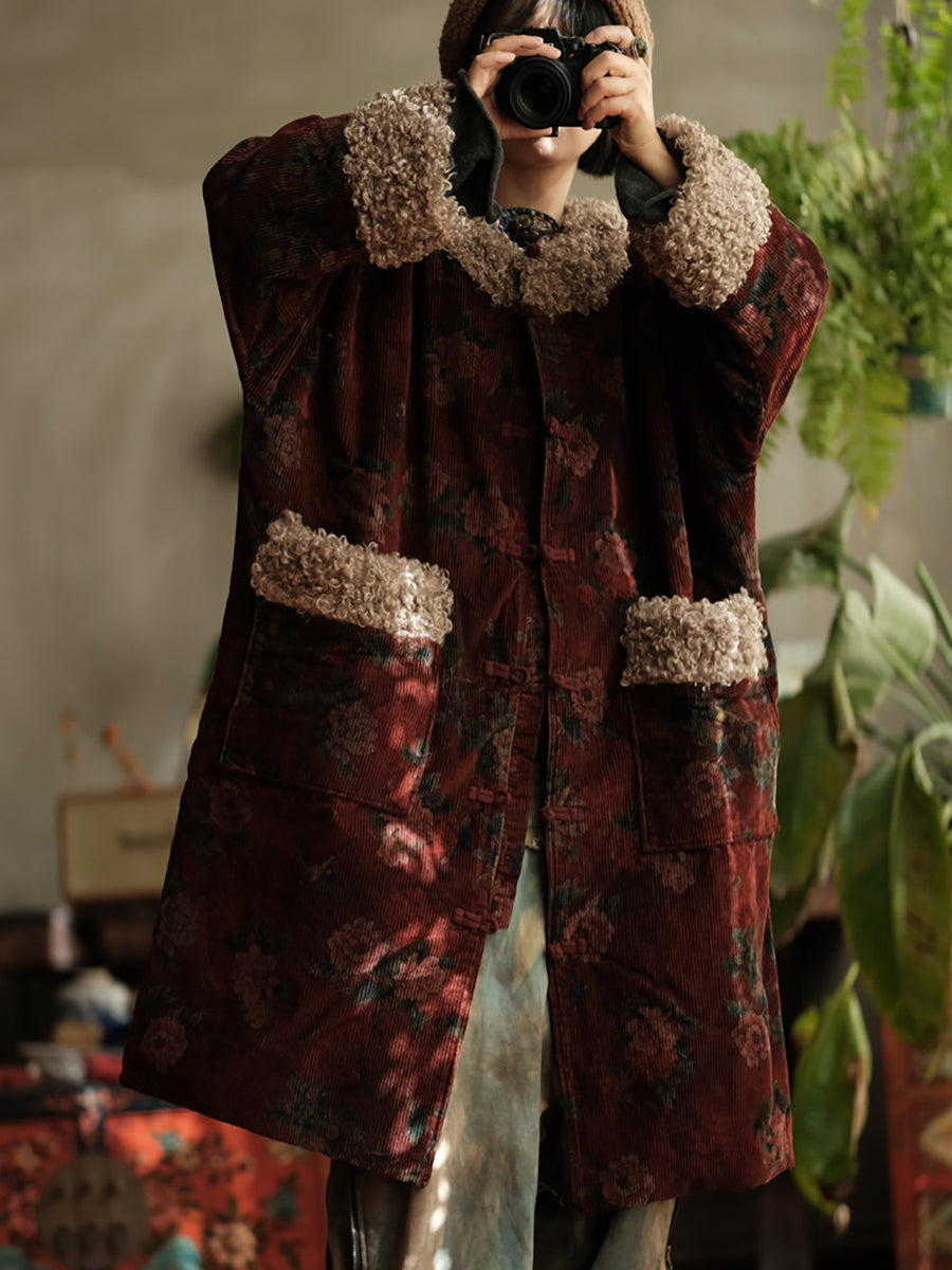 Plus Size Women Winter Retro Flower Croduroy Fleece Spliced O-Neck Coat