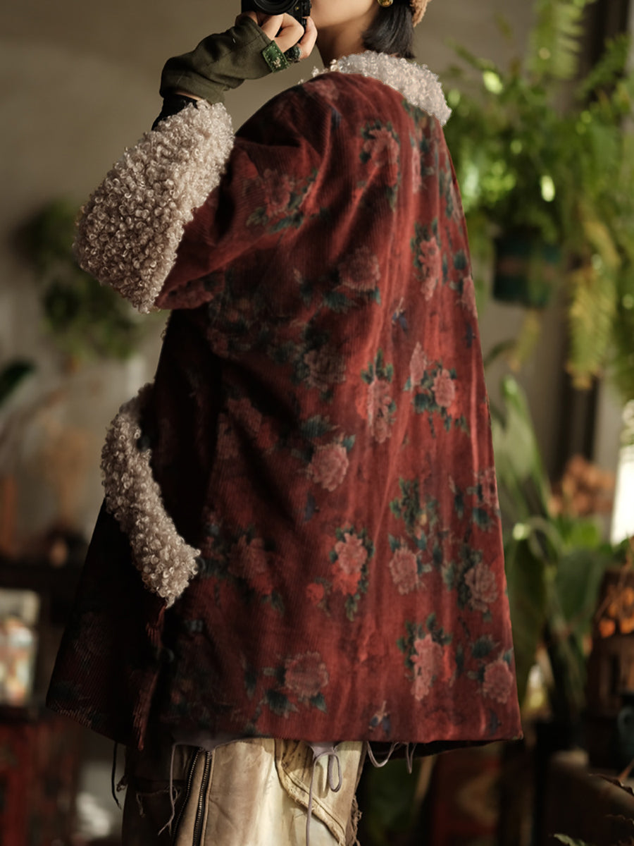 Plus Size Women Ethnic Flower Fleece Spliced Corduroy Padded Coat