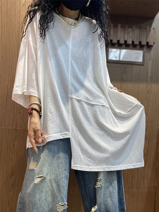 Plus Size Women Summer Casual Irregular Spliced O-Neck Lyocell T-Shirt
