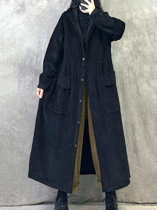 Plus Size Women Retro Autumn Pure Color Hooded Corduroy Coat