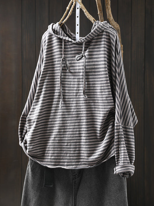 Plus Size Women Autumn Artsy Stripe Cotton Hooded Hoodie