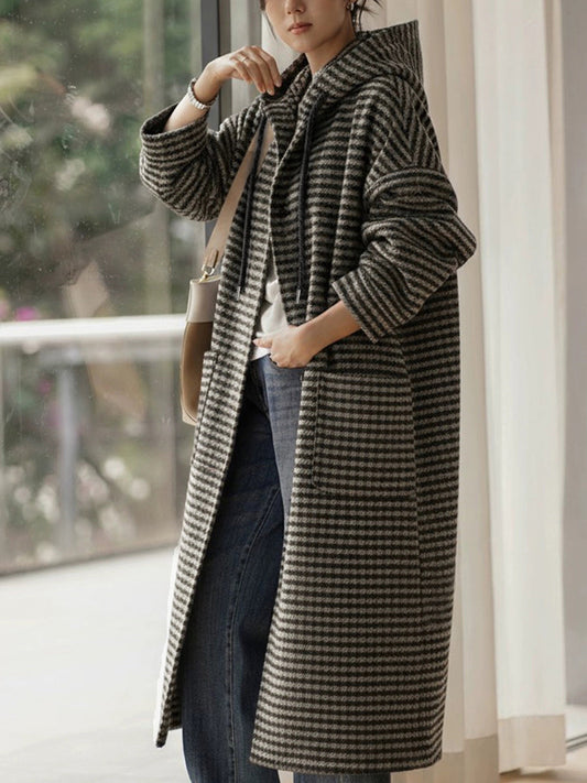 Plus Size Women Vintage Winter Stripe Hooded Coat