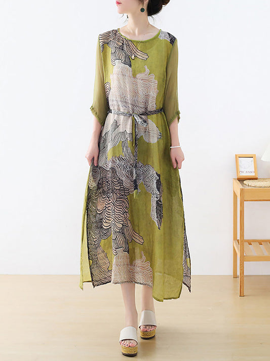 Plus Size Women Summer Artsy Flower O-Neck Ramie Silk Dress