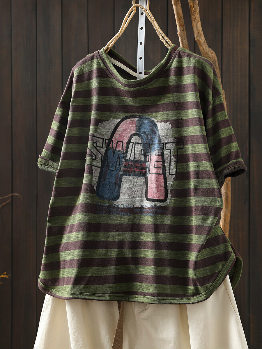 Women Summer Casual Stripe Letters Cotton T-Shirt