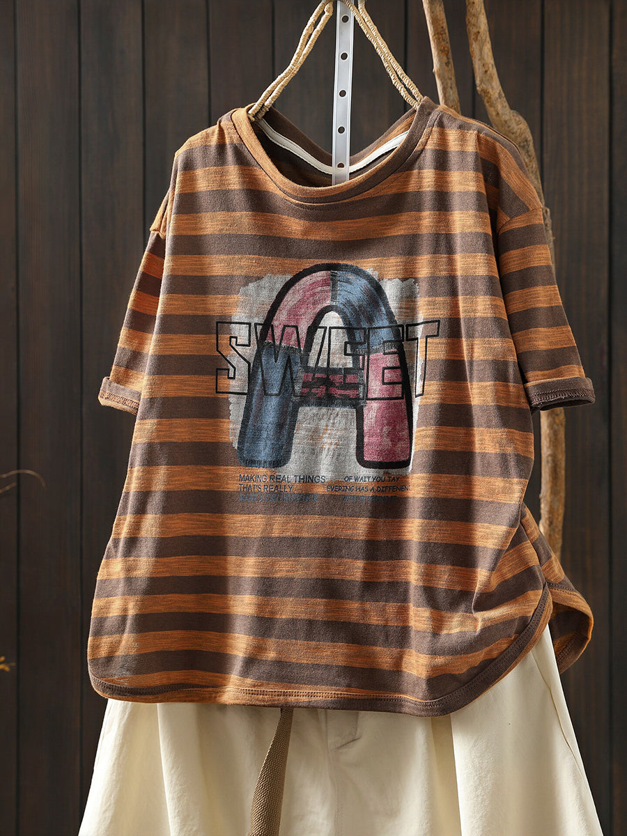Women Summer Casual Stripe Letters Cotton T-Shirt
