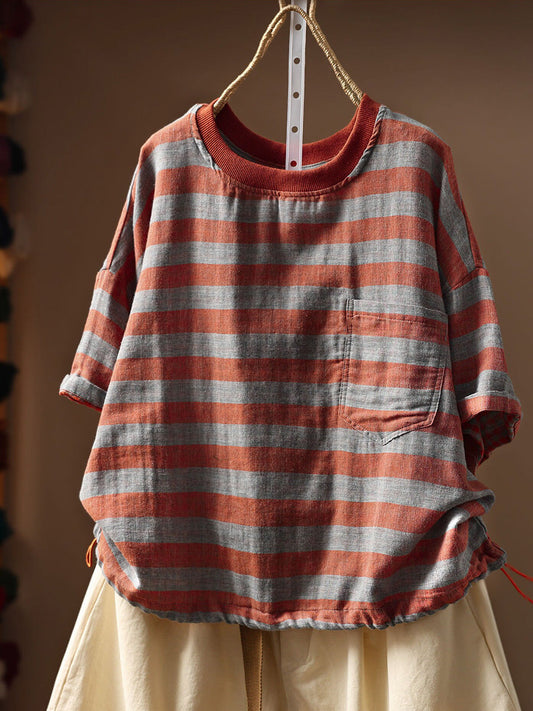 Plus Size Women Summer Casual Stripe O-Neck 100%Cotton T-Shirt