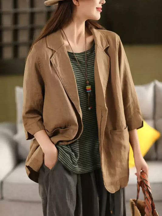 Plus Size Women Summer Artsy Pure Color 100%Linen Shirt Coat