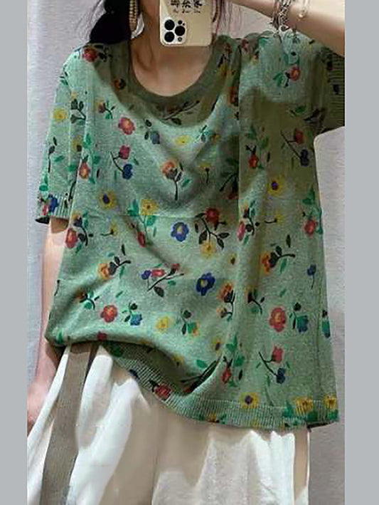 Women Casual Flower Summer Loose Pullover T-Shirt