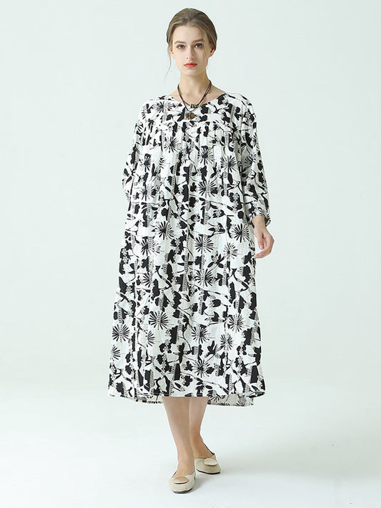 Plus Size Floral Prints O Neck Three-Quarter Sleeve Pleated Dress