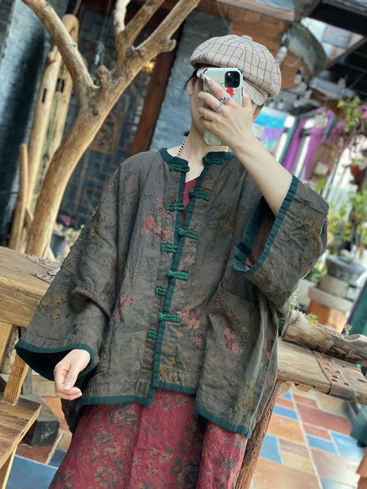 Women Autumn Vintage Flower Colorblock Button-up Linen Coat