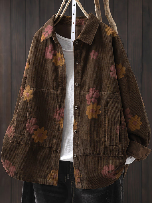 Plus Size Women Autumn Vintage Turn-down Collar Corduroy Shirt Coat
