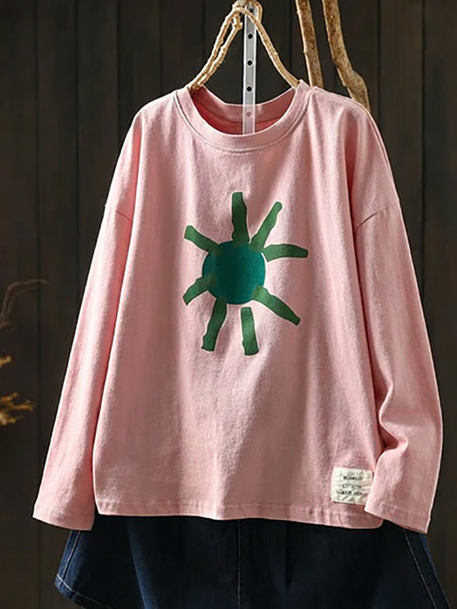 Plus Size Artsy Print 100%Cotton Loose Long Sleeve T-Shirt