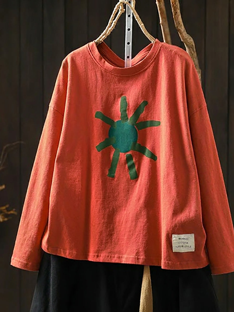 Plus Size Artsy Print 100%Cotton Loose Long Sleeve T-Shirt
