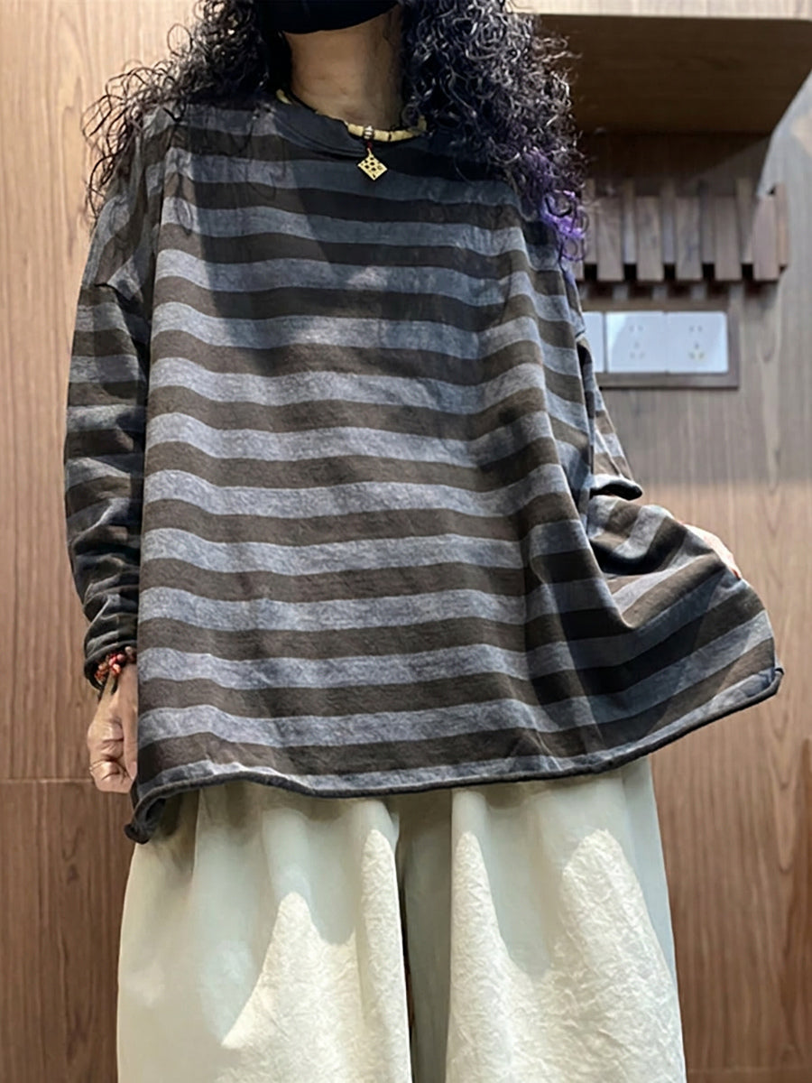 Plus Size Women Stripe Colorblock O-Neck Long Sleeve T-Shirt