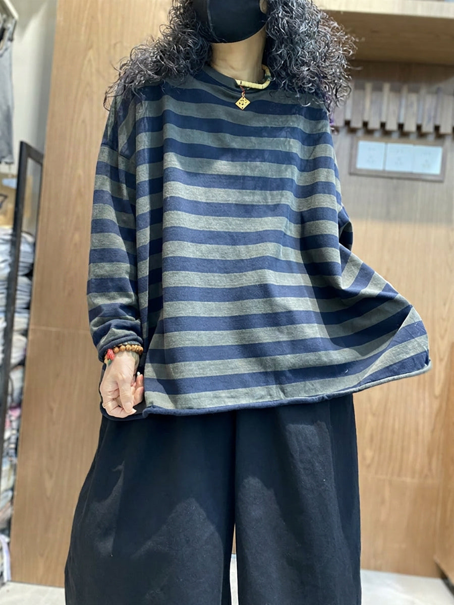 Plus size Women Summer Stripe Colorblock O-Neck T-Shirt