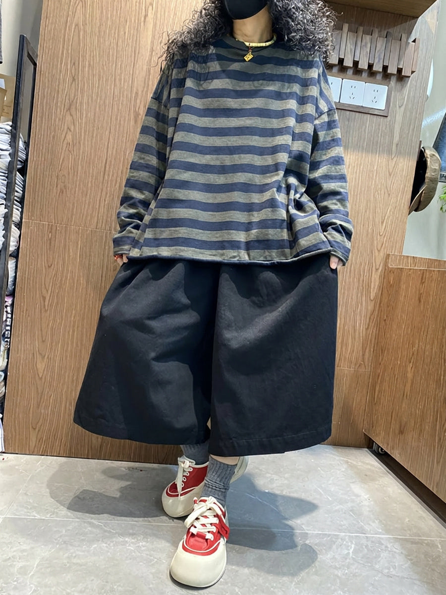 Plus Size Women Stripe Colorblock O-Neck Long Sleeve T-Shirt