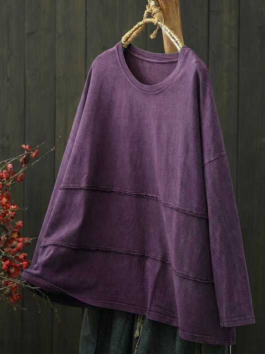 Plus Size Women Retro Pure Color Cotton Long Sleeve T-Shirt