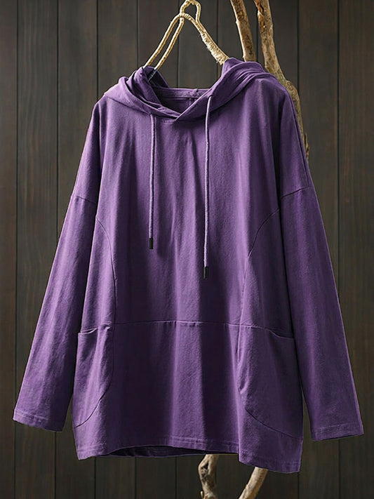 Plus Size Women Casual Pure Color Hooded Cotton Long Sleeve Hoodie