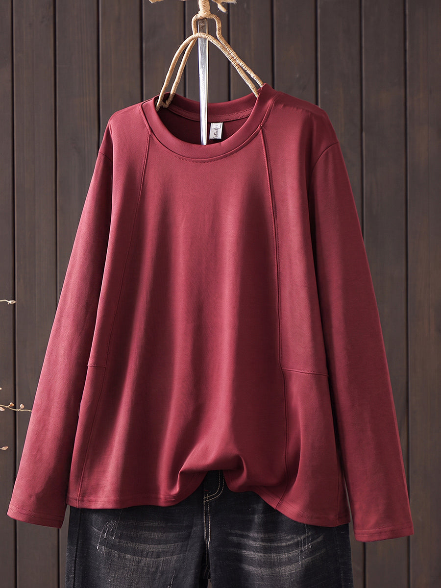 Plus Size Women Casual Pure Color O-Neck Long Sleeve T-Shirt