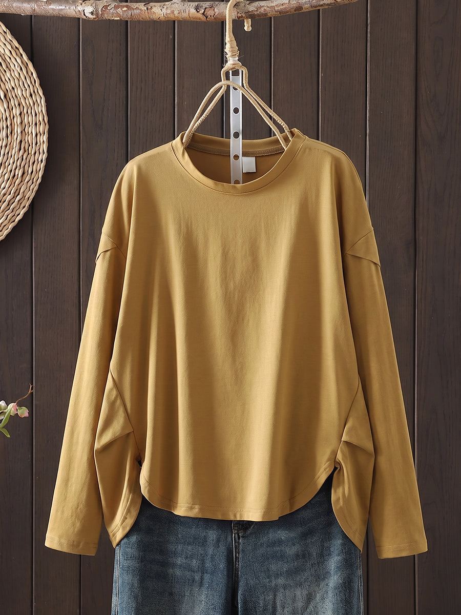 Plus Size Women Autumn Casual Pure Color O-Neck Long Sleeve T-Shirt
