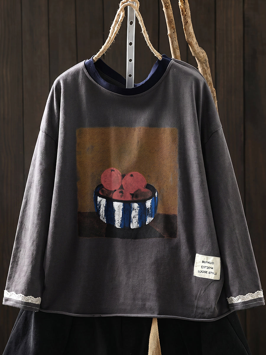 Plus Size Women Casual Print O-Neck Cotton Long Sleeve T-Shirt