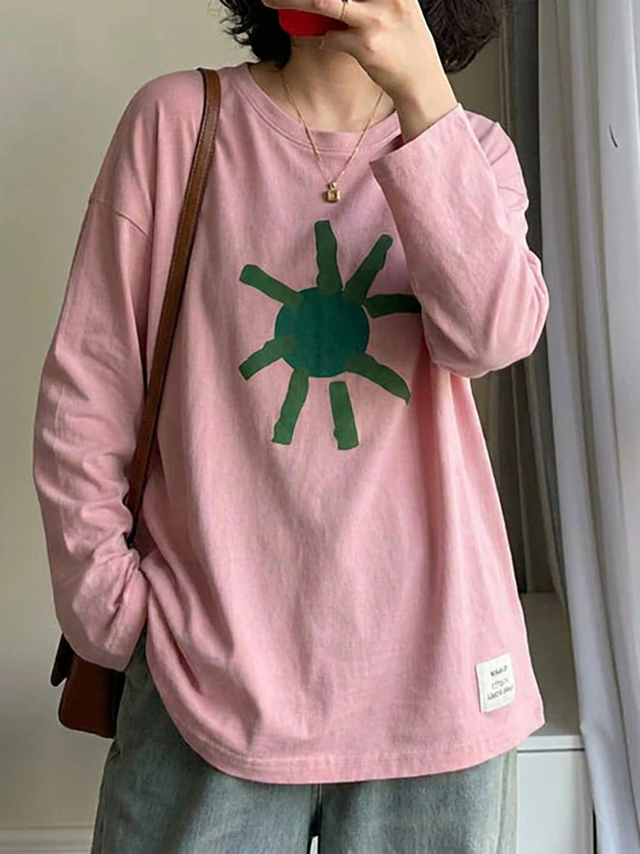 Plus Size Artsy Print 100%Cotton Loose Long Sleeve T-Shirt