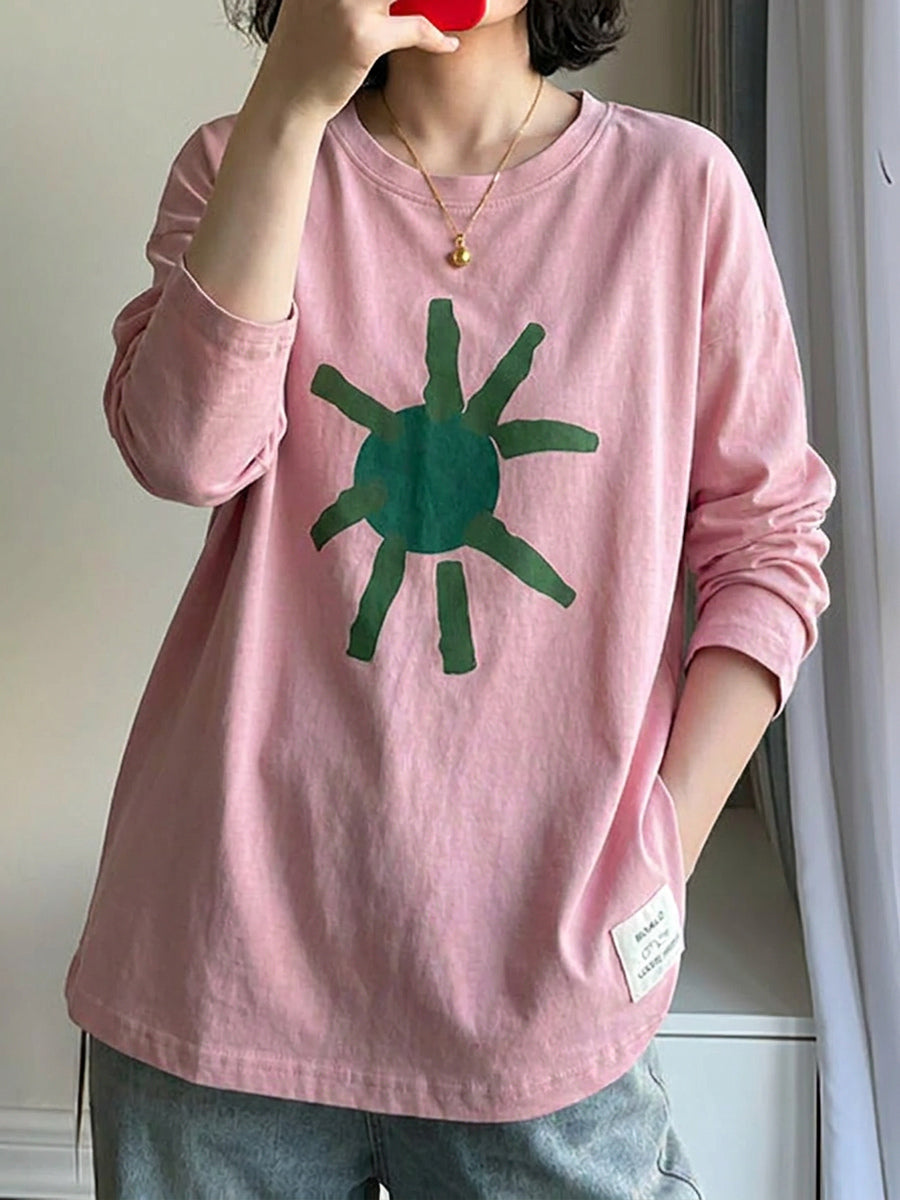 Plus Size Artsy Print 100%Cotton Loose T-Shirt