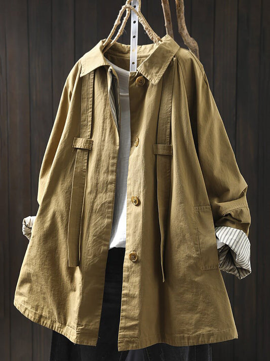Women Casual Pure Color Mid Length Loose Cotton Coat