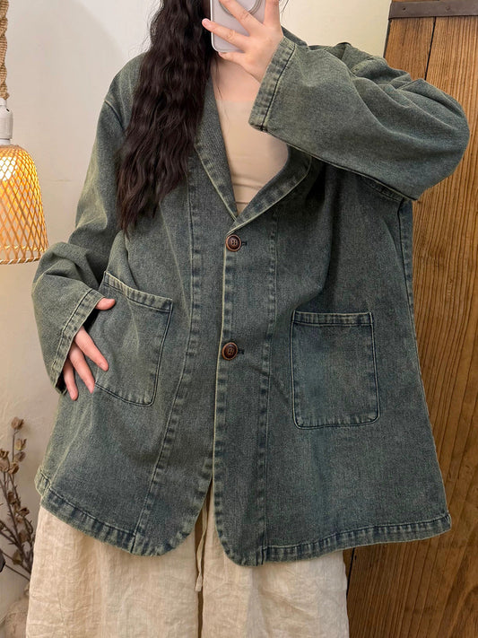 Women Vintage Washed Distressed Casual Denim Jacket
