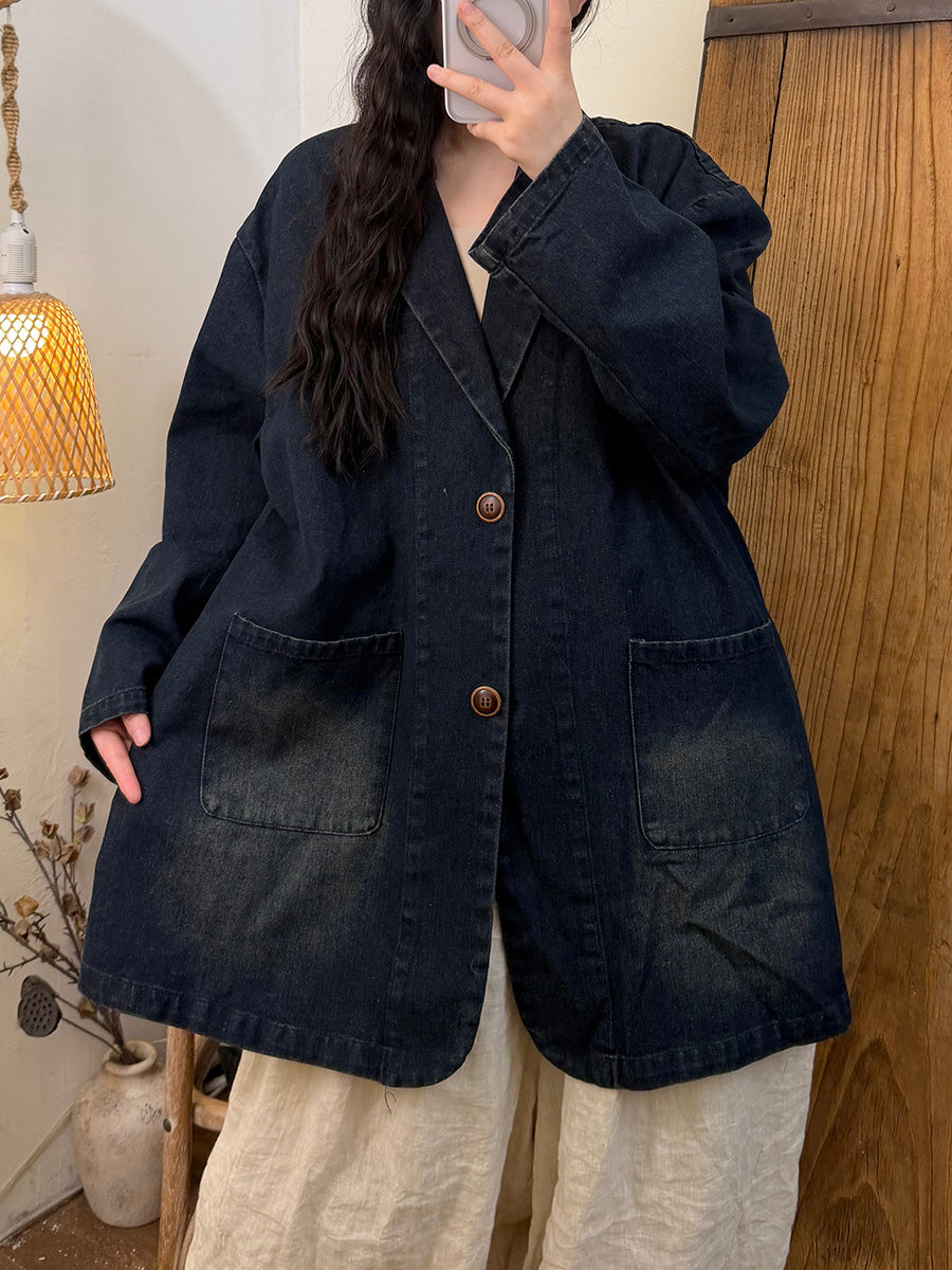 Women Vintage Washed Distressed Casual Denim Jacket