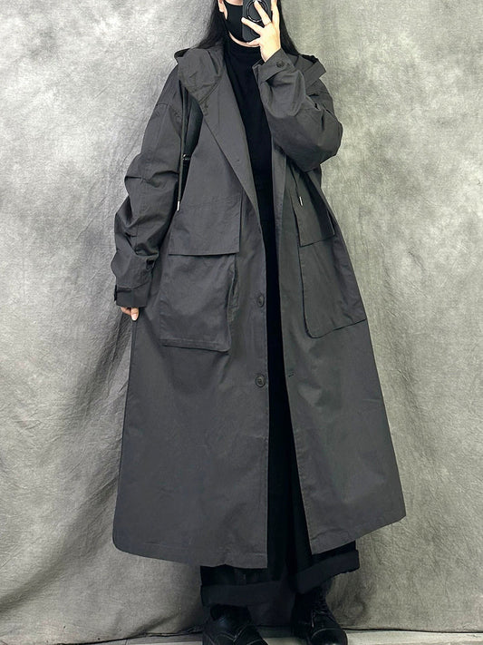 Women Autumn Casual Loose Hooded Cotton Long Coat